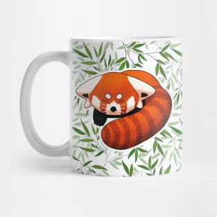 Drawing of cute sleeping Red Panda with bamboo leaves background Mug